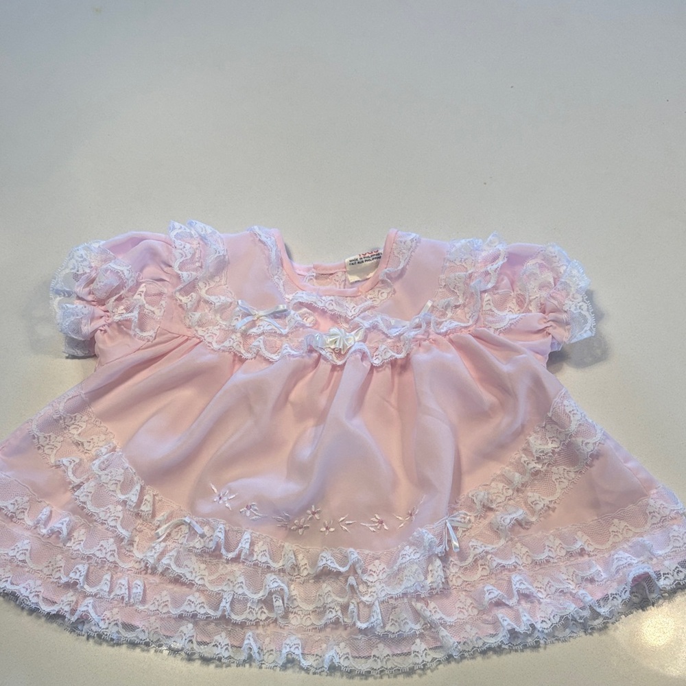Vintage Frilly Pink Baby Dress with Lace Trim